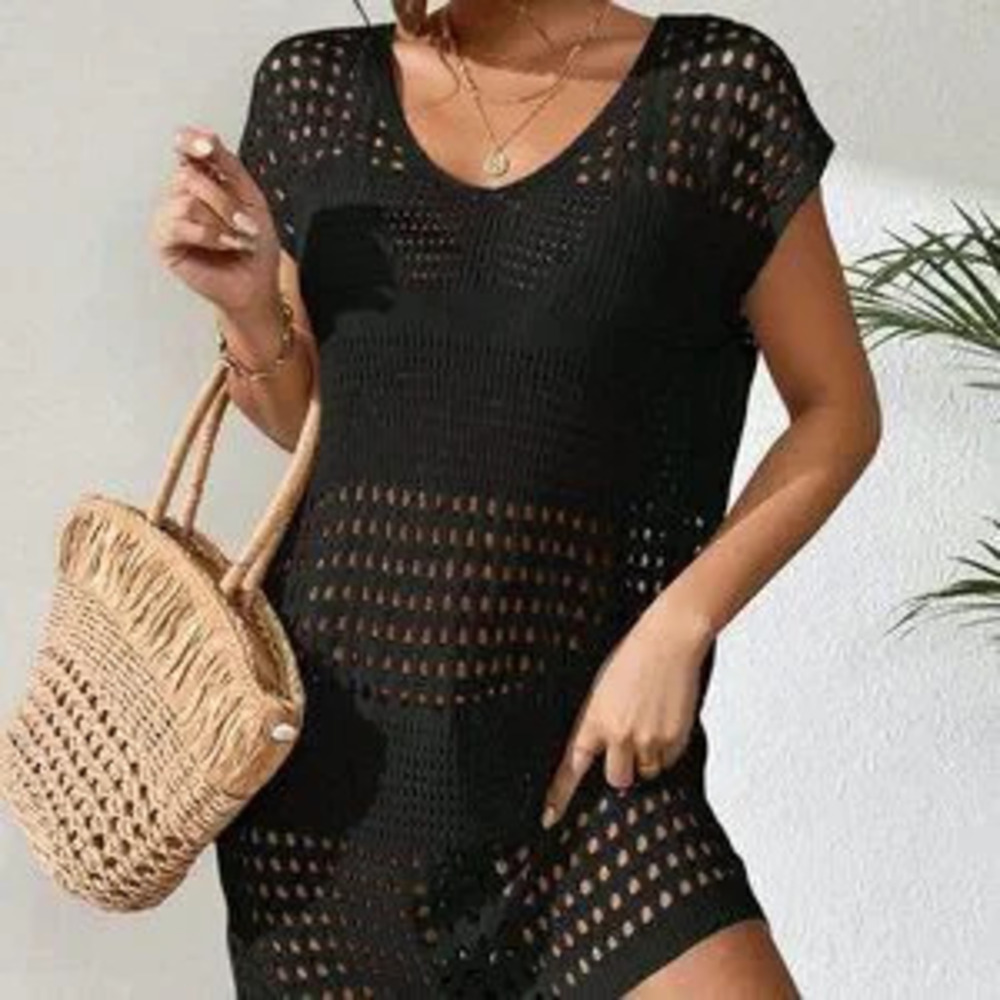 ZARA Black Boho Women's Swim Hollow Out Batwing Sleeve Cover Up Dress